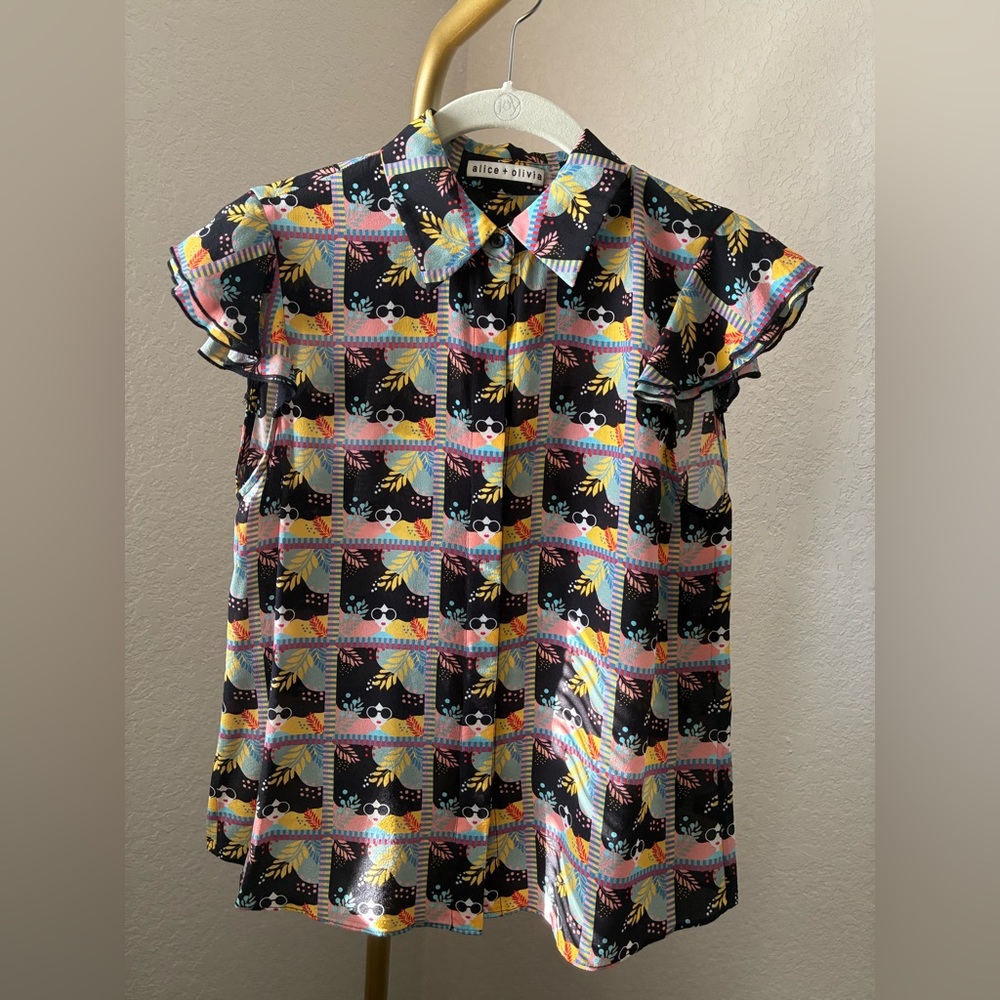 Alice + Olivia Multicolor Geometric Silk Blouse